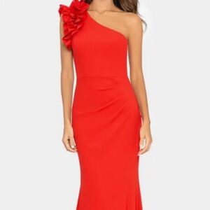Xscape Women's Long One Shoulder Ruffle Scuba Crepe Dress / Gown SIZE 4P RED